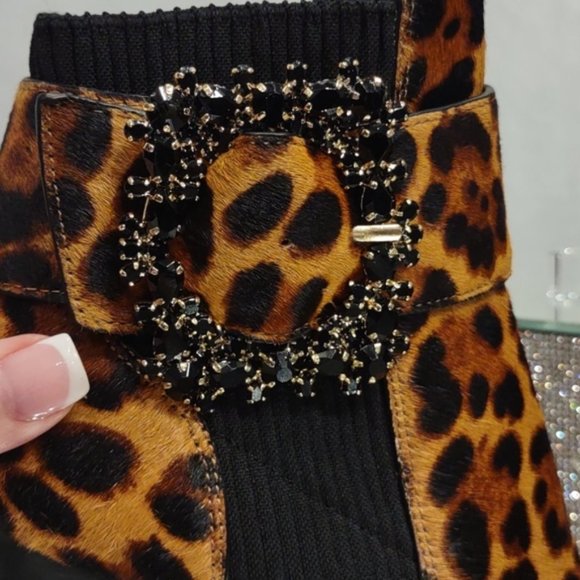 Karl Lagerfeld Vania Calf Hair Rhinestone Ankle Boots Animal High Heel Leopard - Picture 10 of 10